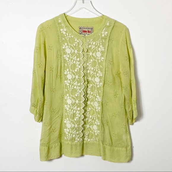Johnny Was Tops - JOHNNY WAS Lime Green Embroidered Blouse
